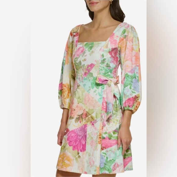 EUC Vince Camuto Linen Aline Dress Floral Print Dress in Ivory and Pastels, Sz 6 - Picture 3 of 16